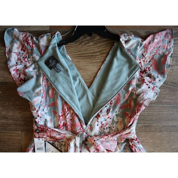 Adrianna Papell Sz 16 Aqua Multi Floral Printed Surplice Fit & Flare Dress - Picture 5 of 14